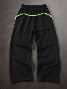 HEYKESON Men's Graffiti Print Loose Fit High Waist Sweatpants With Fluorescent Thick Drawstring, Street Style - Black - View 7