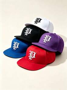 1pc Unisex Flat Brim Snapback Cap, P Letter Gothic Embroidery, Hip‑Hop Street Style, Adjustable, For Casual, Street, Party, Travel Daily Wear - Multicolor - View 3