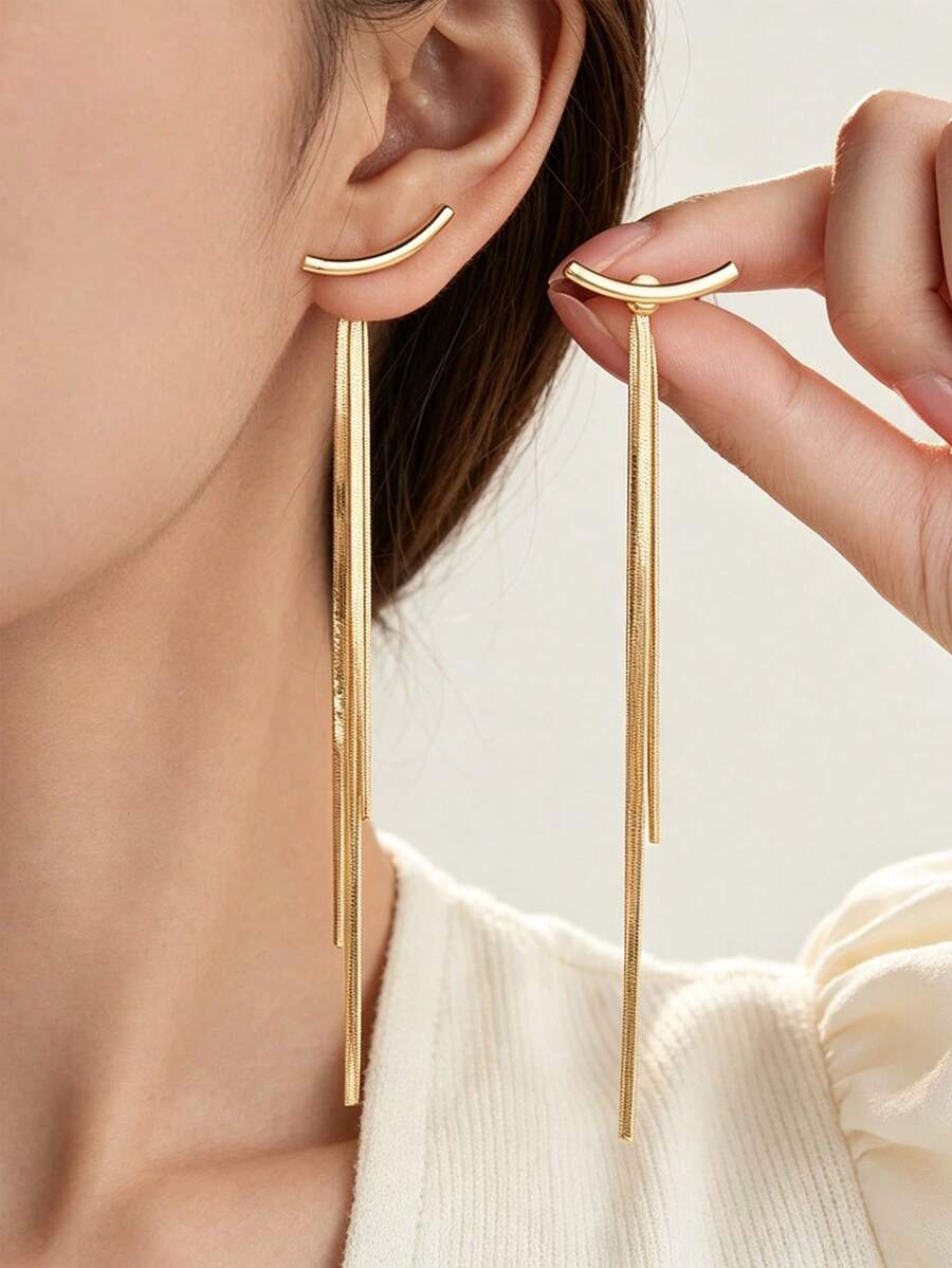 HOTNICE Anting-anting Rumbai Panjang Emas untuk Wanita, Anting-anting Gantung Batang Melengkung, Perhiasan Emas Minimalis untuk Pesta Sehari-hari, Hadiah Pernikahan - Yellow Gold - View 1