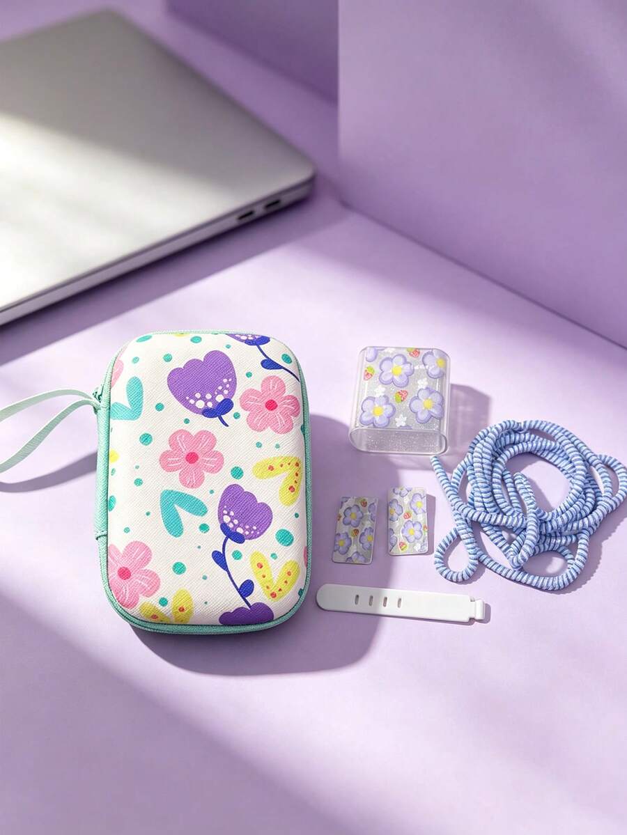 6pcs Fresh Floral Pattern Data Cable Protection Storage Bag Set, Charger Data Cable Protective Sleeve Tangle-Free Cord Transparent Printed Hard Shell Anti-Pressure Portable Earphone Data Cable Storage Bag, Girly Pastoral Floral Highly Attractive Digital Accessories Organizer Storage Full Set - Multicolor - View 1