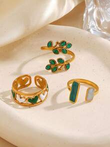 3pcs/Set Stainless Steel 18K Gold Plated Minimalist Green Oil-Drip Leaf & Heart Ring Set, Suitable For Women's Daily And Holiday Wear - Multicolor - View 5