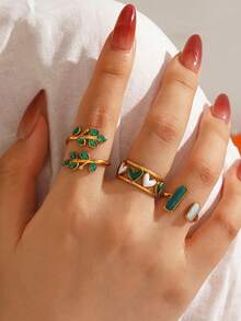 3pcs/Set Stainless Steel 18K Gold Plated Minimalist Green Oil-Drip Leaf & Heart Ring Set, Suitable For Women's Daily And Holiday Wear - Multicolor - View 6