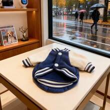1pc Pet Dog Baseball Jacket, Warm Fleece Winter Dog Coat With D‑Ring, Patch Design Casual Puppy Baseball Outfit, Soft Pet Clothes For Small Medium Dogs - Navy Blue - View 6