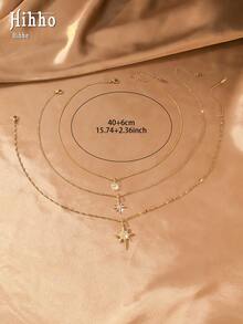 Hihho 3pcs/Set Kalung Rantai Multilayer Eropa & Amerika, Kalung Berlapis Emas dengan Berlian Imitasi Berkilau, Aksesori Fashion Serbaguna untuk Wanita - Set Kalung - View 4