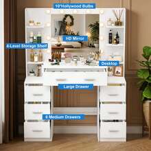 Teousev Dressing Table With LED Lighted Mirror, Vanity Makeup Desk With 7 Drawers, Open Side Storage Shelves, 3 Colour Dimmable Lights, White Cosmetic Dressing Table For Bedroom - White - View 3