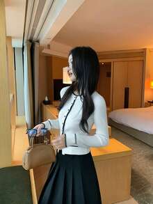 Elegant Round Neck Knit Cardigan Women Colorblock Design Fitted Long Sleeve Top - White - View 7