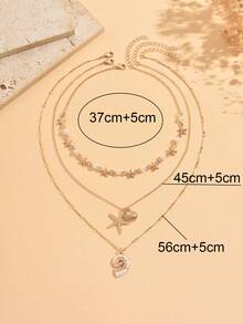 3pcs/Set Beach Vacation Ocean Style Multilayer Necklace, Fashion Starfish Shell Conch Faux Pearl Gold Tone Jewelry For Women, Suitable For Daily Wear, Summer Holiday, Party, Music Festival - Multicolor - View 4