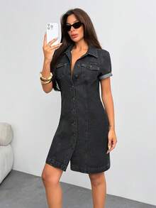 Banny Jeans فستان جينز كاجوال يومي بياقة وأزرار للنساء - الأسود - مشاهدة 2