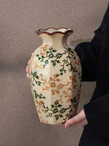 1pc Lovien Vintage Floral Pattern Ceramic Vase, Crackle Glaze Finish, Hexagonal Shape, Dark Rim, Rustic Style - 1PC - View 8