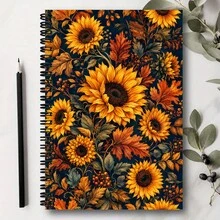 1PC A5 Sunflower Autumn Floral Spiral Notebook, 50 Pages/25 Sheets, Dark Blue Warm Yellow Sunflower Maple Leaf Berry And Vintage Botanical Design Journal For Daily Writing, Study Notes, Seasonal Records And Floral Theme Gifts - A5 - View 6