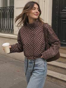 Women's Polka Dot Short Jacket, Long Sleeve Zip-Up Coat, Casual Spring/Autumn Outerwear Vacation - Coffee Brown - View 4