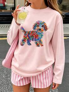 Tween Girl 1pc Line Puppy Print Long Sleeve T-Shirt, Suitable For Girls' Autumn/Winter Tops, Young Student Children's Clothing, Suitable For Outerwear And Layering - Pink - View 4