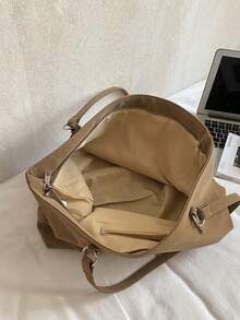 Large Capacity Tote Bag, Retro Style Faux Leather Handbag With Front Pocket For Work & Travel - Brown - View 7