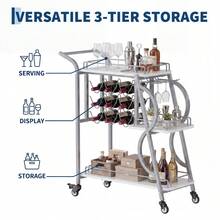 WARMTOBABY Rolling Bar Cart With Wine Rack And Glass Holder 3 Tier Industrial Beverage Cart With Wheels For Living Room Kitchen - Silver Frame + Pure White Wooden Board - View 4