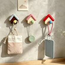 3pcs Creative Home Hooks Strong Adhesive No-Drill Wall Mount, Cute Little House Design Storage Hanging Rack Bedroom Bathroom Organizer, Random Color - View 1