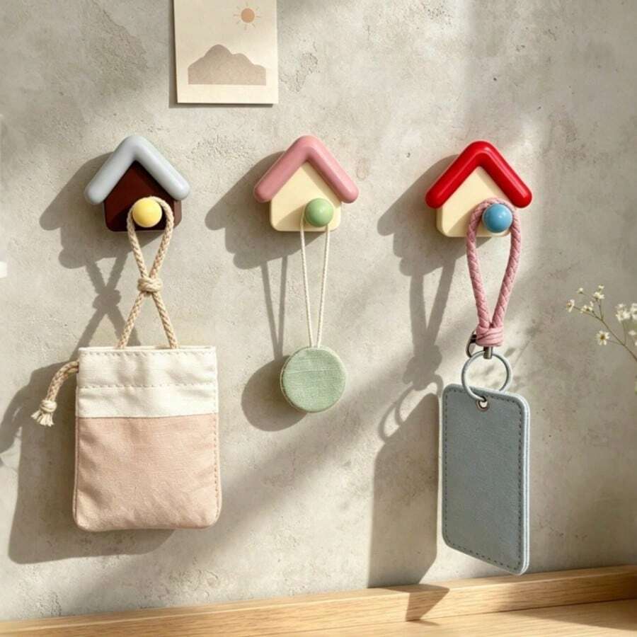 3pcs Creative Home Hooks Strong Adhesive No-Drill Wall Mount, Cute Little House Design Storage Hanging Rack Bedroom Bathroom Organizer, Random Color - View 1