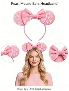 Disney Pink Velvet Minnie Mouse Headband With Pearl Decor Bow, Theme Park Photo Accessory, Birthday Gift - View 2
