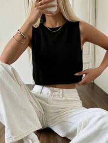 Sylvia Women's Summer Basic Minimalist Sleeveless Round Neck Cropped Knit Tank Top Casual Style Black - Black - View 5