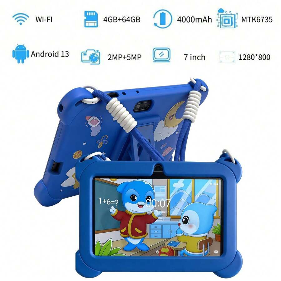 yesido 4GB RAM + 64GB ROM / 7-Inch Tablet / Quad-Core 1.3GHz / Android 13 MTK8321 / 1280x800 HD IPS Display / 2MP+5MP Camera / 4000mAh Battery / WiFi, Parental Control, Education, Games / ABS Plastic + Silicone, Educational Tablet