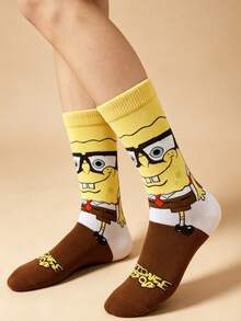 SpongeBob SquarePants 1/5/10雙隨機款 SquarePants 卡通中筒襪，適合街頭風與休閒穿搭，可愛校服與日常穿著 - 彩色 - 查看 3