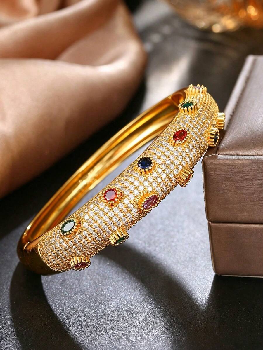 1pc Glamorous Vintage Colorful Stone Gold Bangle Full Inlaid Zirconia Bangle For Banquet, Prom, Party,Music Festivals,Birthday Anniversary Gift - Gold - View 1