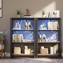 Librería/Estantería industrial con luces LED RGB regulables, estantes abiertos de madera y metal, mueble auxiliar independiente para oficina en casa, salón o dormitorio, estilo rústico vintage - Gris de 4 niveles - Ver 10