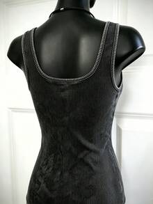 Women's Gothic Style Square Neck Camisole, Decorated With Cross Rhinestones, Regular Length Knitted Tank Top - Grey - View 2
