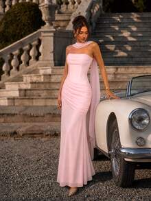 UNITHORSE [Random Cut]Bandeau Waist-Cinching Backless Tie-Up Chiffon Elegant Evening Gown - Baby Pink - View 4