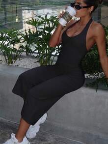 Women's 2-Piece Black Ribbed Halter Backless Yoga Set, Ruched U-Neck Top + High-Waisted Cropped Flare Pants, Elastic Breathable Shaping Workout Outfit - Black - View 5