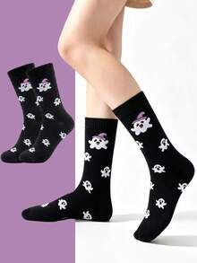 1/5 Pairs Women's Mid-Calf Socks, Halloween Ghost Pumpkin Bat Jacquard Mid-Calf Socks, Soft Knitted Casual Holiday Socks, Preppy Student Tube Socks - Multicolor - View 1