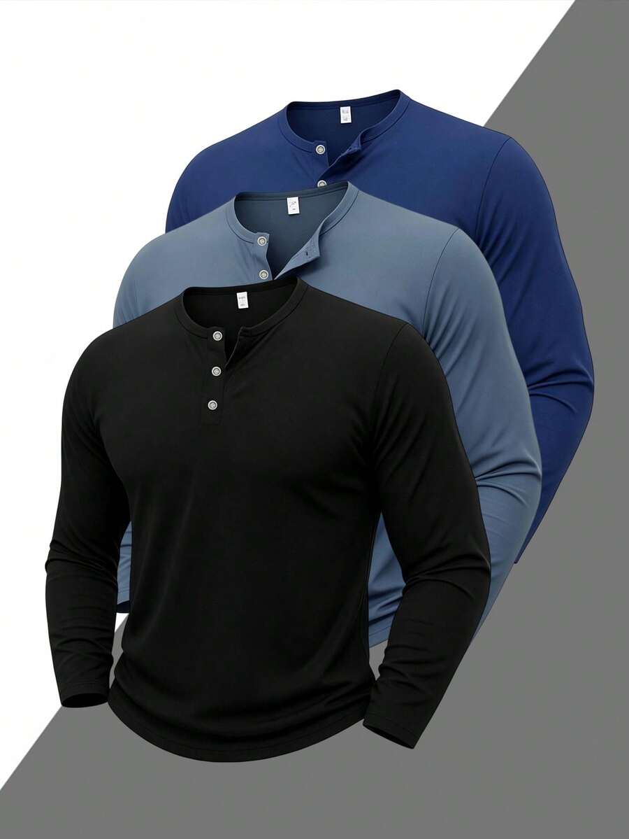 Men's Outdoor Long Sleeve Henley Shirt, Solid Color Button Placket Crew Neck Breathable Lightweight Casual Hiking Climbing Top - Black - View 1