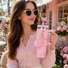6PCS Butterfly Tumbler Accessories Set For 40oz Cups, Glitter Silicone Boot, Butterfly Straw Topper, Pom Pom Keychain, Flower Charm, Butterfly Pendant Chain & Heart Adhesive Hook, Cute Cup Decor Gift For Women, Cup Not Included - Multicolor - View 6