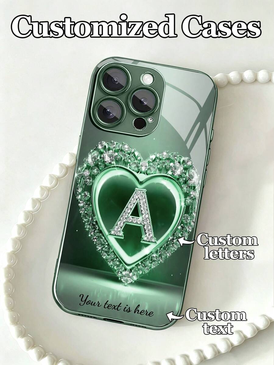 Funda de teléfono de vidrio templado con diseño de corazón con piedras de rhinestone verde, a prueba de golpes, personalizable con 26 letras y diseño de nombre, compatible con iPhone 17 Air/16 ProMax/15 Pro/14 Plus/13 Pro/12 Pro Max/11/Xs Max/8/7/6 Plus, S24 Ultra/S25 Ultra/A12, de alta gama, personalizada, mejor regalo para novio, novia y familia, cumpleaños, aniversario, versión internacional, no la versión nacional