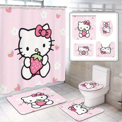 1 pieza 3 piezas 4 piezas, Autorizado, Sanrio, Hello Kitty, Juego de cortina de ducha de dibujos animados clásicos y lindos, El juego incluye cortina de ducha con 12 ganchos, alfombra de baño, alfombra de inodoro en forma de U, tapa de inodoro, accesorios de decoración de baño, decoración del hogar, decoración de baño, diseño combinado moderno y clásico