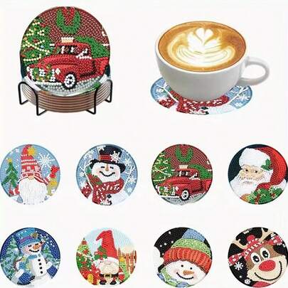 New DITY Handmade Diamond Painting, Shiny Full Drill Living Room Bedroom Tea Cup Coaster Decor 8pcs Set, Suitable For Gift Giving [With Stand]