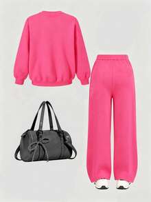 Tween Girl Cartoon Print Crew Neck Long Sleeve Top And Long Pants - Hot Pink - View 2