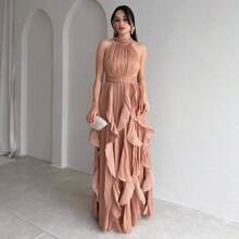 Vestido Largo Elegante de Verano para Mujer, Cuello Halter, Cintura Fruncida, Falda Holgada, Ideal para Banquetes, Fiestas y Reuniones - Marrón tierra - Ver 5