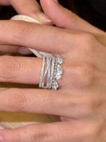 1pc Multi-Layer Fashion Gold Plated Ring Set With Zirconia Crystal Tassel, Adjustable Open Ring, Jewelry For Wedding, Party - Multicolor - View 7