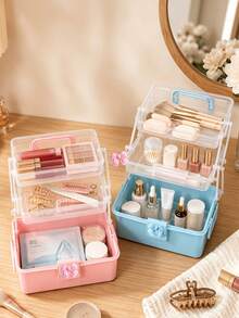 3-Tier Foldable Transparent Storage Box With Bow Detail – Stackable Organizer For Home Desktops; Collapsible & Space-Saving; Portable Handheld Case For Sorting Craft Parts & Sundries; Suitable For Teacher's Day, Christmas, And Halloween. - A - View 4