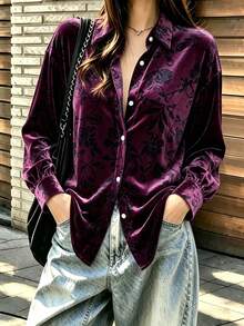 Women's Purple Velour Floral Jacquard Button Front Collared Long Sleeve Shirt For Business, Office, Commute, Vacation, Holiday, Spring Fall Winter - Dark Purple - View 12