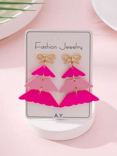 1 Pair Christmas Bow & Snowflake Christmas Tree Enamel Textured Design Women's Fashion Jewelry Earrings, Perfect Gift For Holiday Gatherings