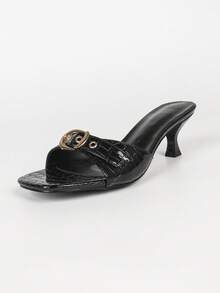 Black Animal Pattern Open Toe Buckle Accent Mid Heel Slip On Sandals Women Outdoor Casual Summer Footwear - Black - View 9