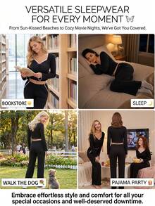 Women's Spring/Autumn/Winter Solid Color Ribbed Fashion Ruffle Trim Sweet Bow Sweetheart Collar Raglan Long Sleeve Casual Dual Pocket Pants Comfortable Loungewear 2-Piece Set - Black - View 10