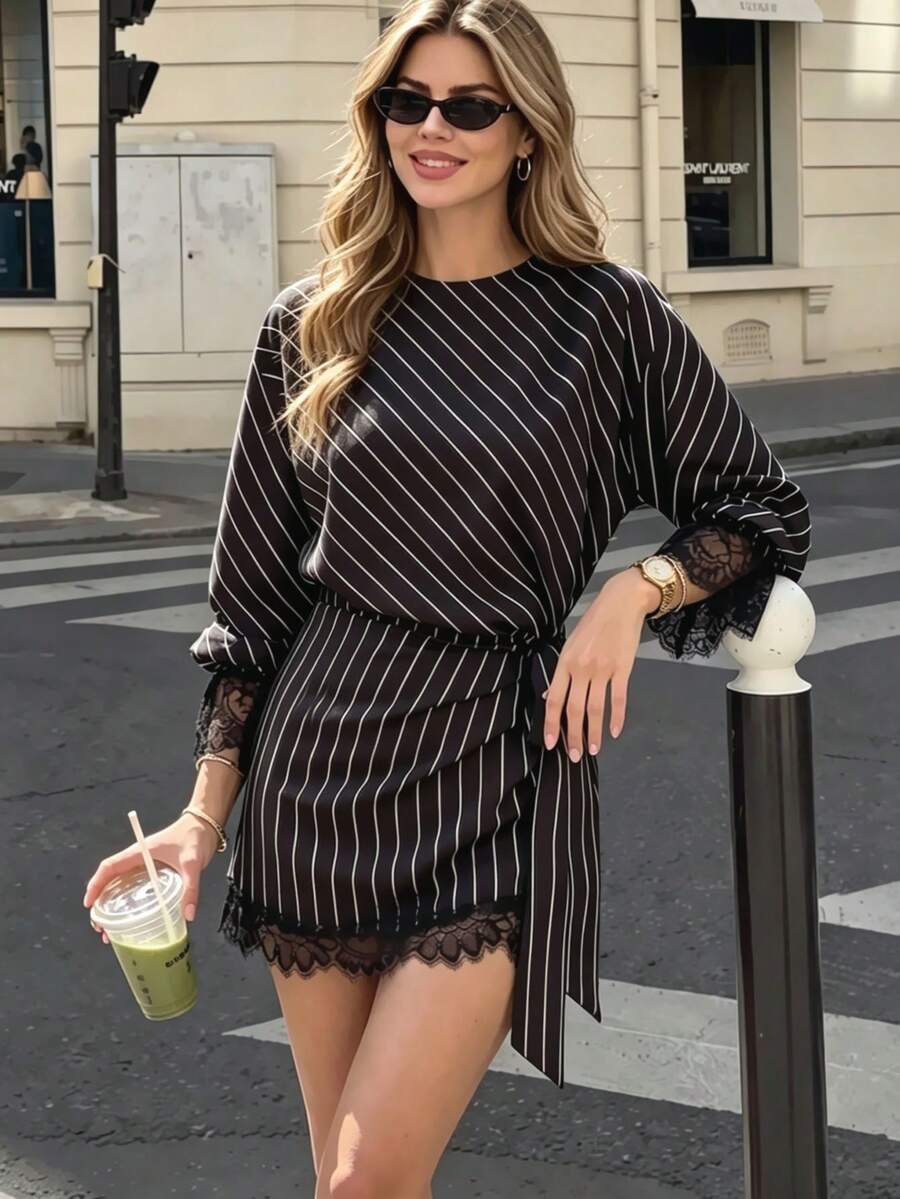 Women's Vintage Striped 2-Piece Set, Long Sleeve Top And Bodycon Mini Skirt, Shirt And Skirt Outfit, Suitable For Daily Work, Holiday Casual Wear, Daily Commute, Shopping, Party, Dance, Christmas, Halloween, Autumn/Winter - Black - View 1