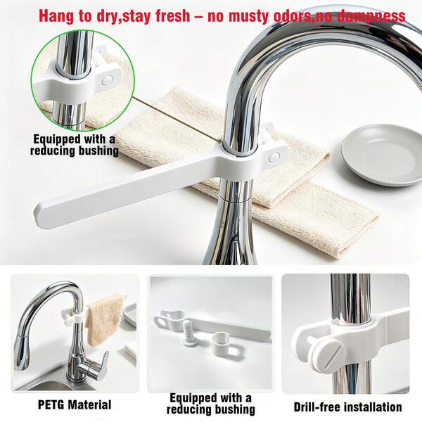 No-Hole Drainage Rack With Tapered Base, Multi-Functional Sponge And Kitchen Towel Storage Rack, Non-Damaging Faucet Bathroom Shelf, Space-Saving, Breathable, Quick Drying, Kitchen Essential