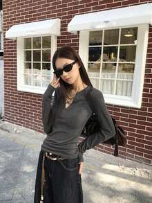 Women's New Autumn/Winter Fitted Long Sleeve T-Shirt, Grey Base Layer Top, Sexy Style - Grey - View 7