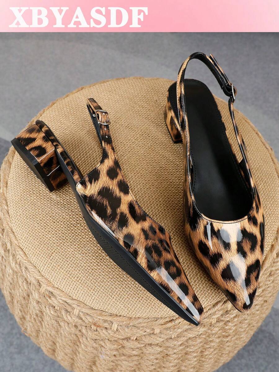 XBYASDF 2026 New Women's Brown Leopard Print Pointed Toe Slingback Chunky Heel Pumps, Elegant Ankle Strap 3cm High Heel Sandals For Commute And Date - Dark Brown - View 1