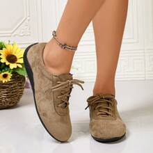 Women's Soft Sole Suede Lace-Up Casual Shoes, Round Toe, Flat Heel, Comfortable, Lightweight, Retro, Spring/Autumn, Daily Commute Shoes - Khaki - View 3