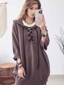 Women's Plus Size Casual Minimalist Knit Hoodie Pullover Sweater, 3/4 Drop Shoulder Sleeves With Drawstring, Autumn Daily Commute Wear Fall - Coffee Brown - View 2
