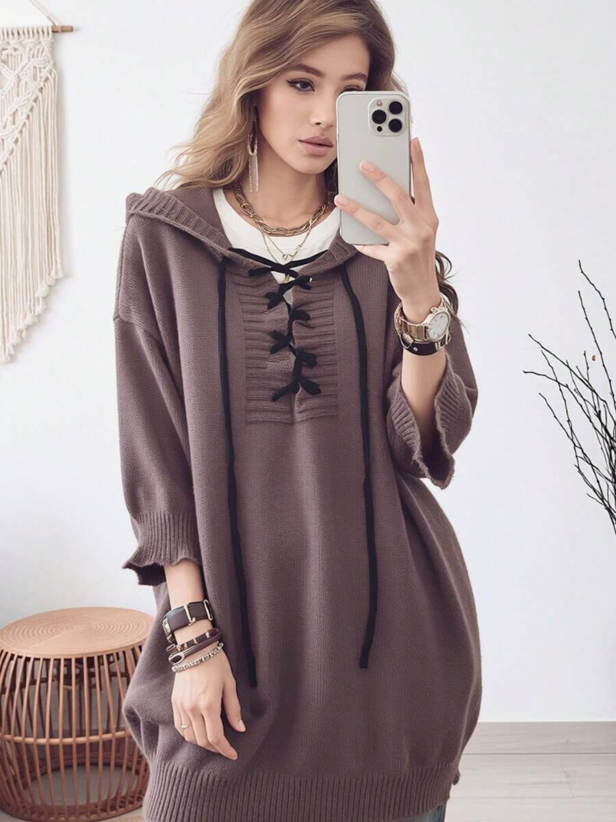 Women's Plus Size Casual Minimalist Knit Hoodie Pullover Sweater, 3/4 Drop Shoulder Sleeves With Drawstring, Autumn Daily Commute Wear Fall